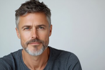 Happy middle aged 45 years old man isolated on white studio background. Confident mature handsome bearded gray haired