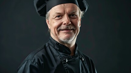 Obraz premium A portrait of a chef wearing a black uniform and hat.