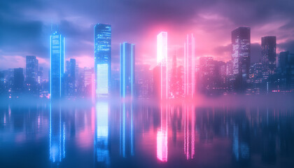 Fototapeta premium Dynamic urban scene with electric blue and pink neon lights blending into the dusky cityscape, casting reflections