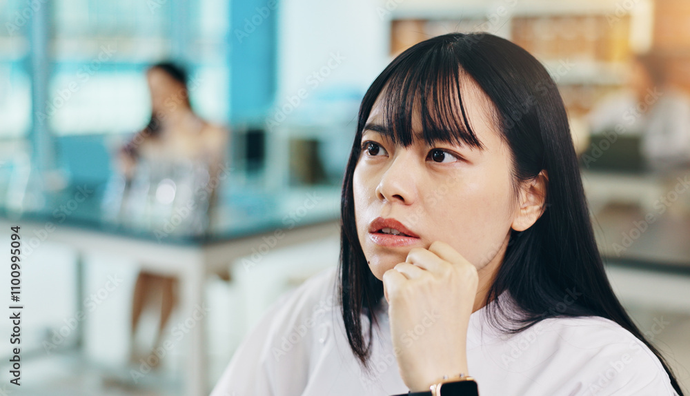 Poster Thinking, idea and woman in university lab for science assignment, exam or test in classroom. Education, research and Japanese female student with guess for question in biology lecture at college.