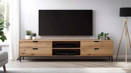 Modern Living Room Decor with Wall-Mounted TV and Minimalist Design Mockup on White Background