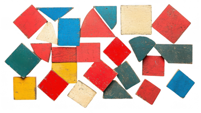 A colorful arrangement of geometric wooden blocks for creative play and design.