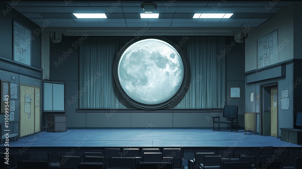 Poster an empty stage with an oversized moon in the window of an auditorium.