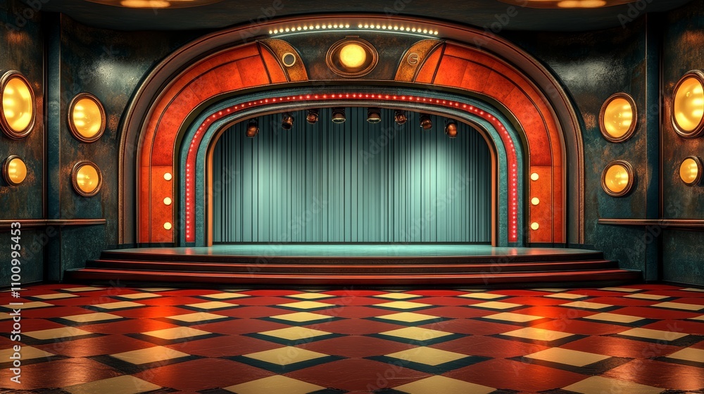 Poster an empty stage with blue curtains in a retro theater with red and yellow patterned floor, surrounded