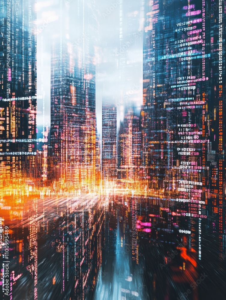 Poster creative binary code city backdrop. digital transformation concept. double exposure