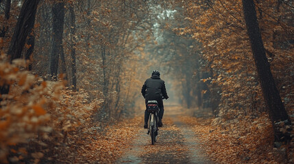 Obraz premium Bicyclist rides through autumn forest trail lined with orange and yellow leaves