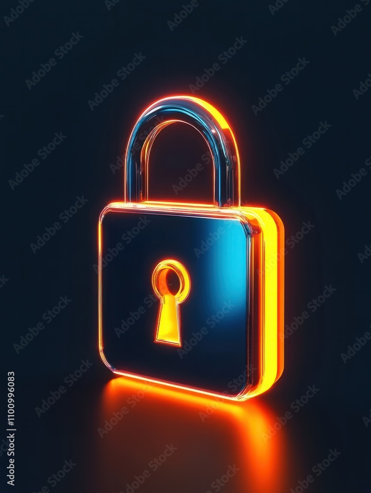 Poster creative glowing lock icon on dark blue background. web safety and security concept. 3d rendering