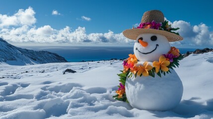 Obraz premium winter vacation concept with snowman wearing straw hat flowers on a snowy mountain landscape