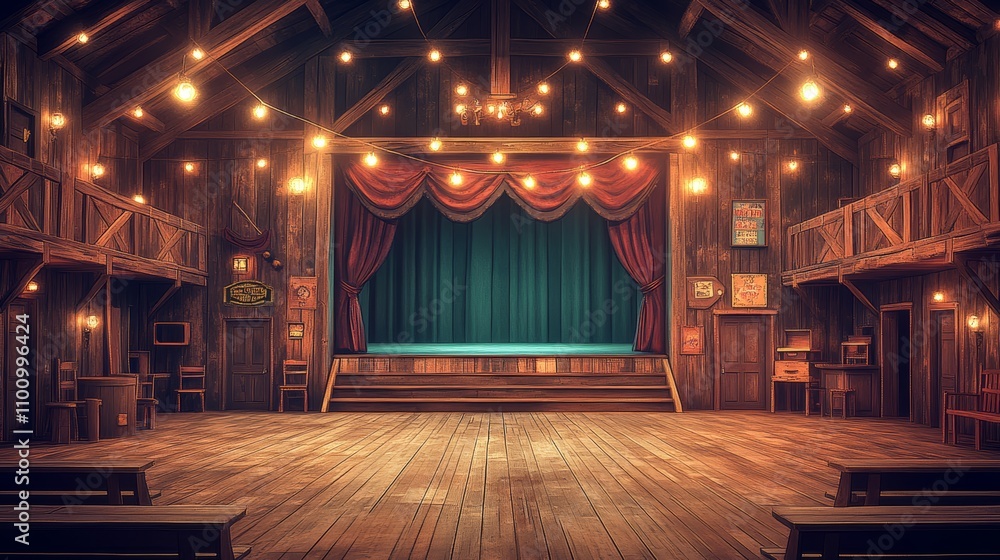 Poster an empty wooden stage with red curtains in a rustic saloon.