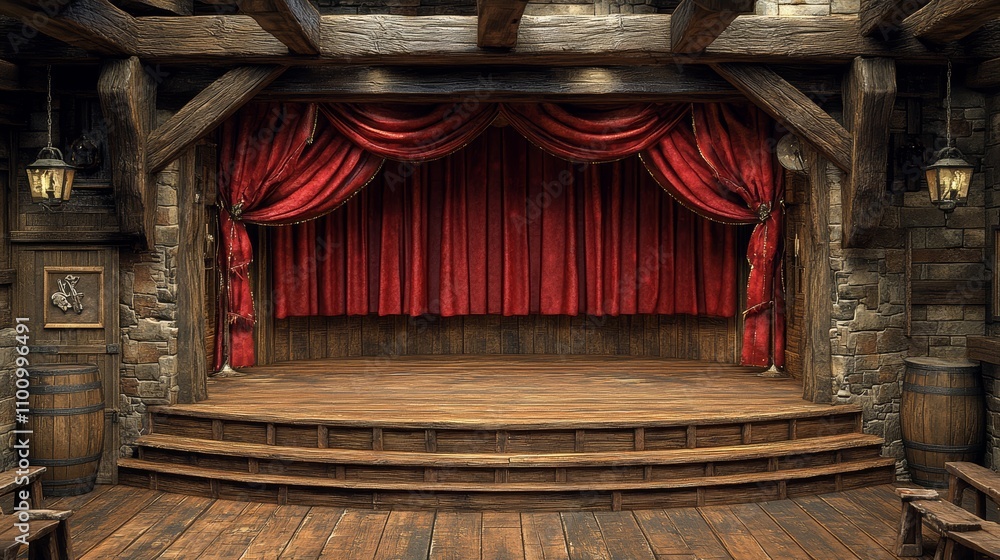 Poster an empty wooden stage with red curtains in a rustic setting, ready for performance.