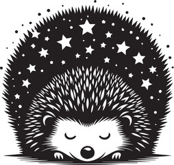 A sleepy hedgehog under a starry sky vector silhouette