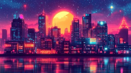 Fototapeta premium Retro video game scene It is a city where avatars go to fight. 