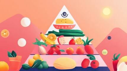Obraz premium Infographic-style illustration of the food pyramid, emphasizing