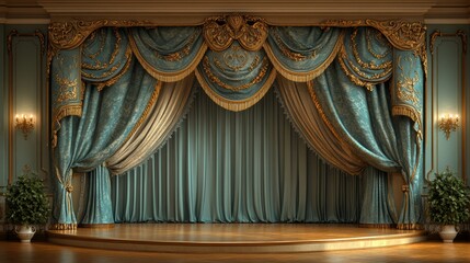 Elegant blue and gold stage curtains with ornate details and wooden stage.