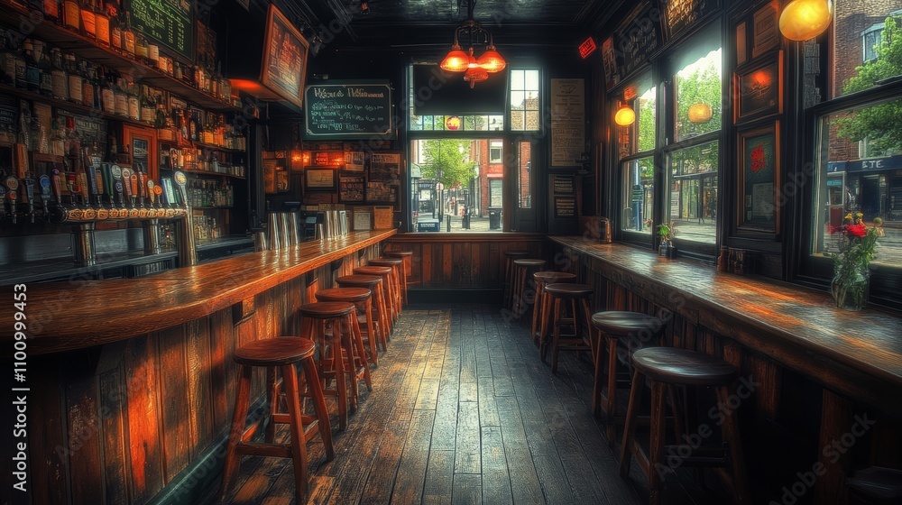Poster empty bar with wooden stools and counter. sunlight streams through large windows.