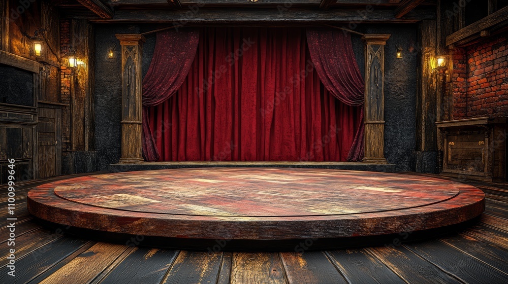 Poster empty circular stage with red velvet curtains in a rustic theater.
