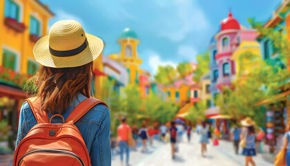 Fototapeta premium Woman browses market stalls.