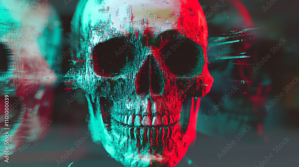 Poster a glitchy, distorted skull image. it's a 3d effect, using red and green to create depth, like old 3d