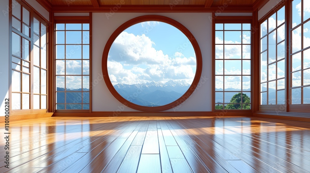 Poster empty japanese style room with large circular window overlooking a mountain view.
