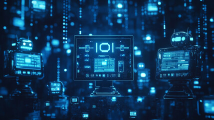 Fototapeta premium A dark blue image shows a computer screen and robots, made of geometric shapes. It represents modern website or app design.
