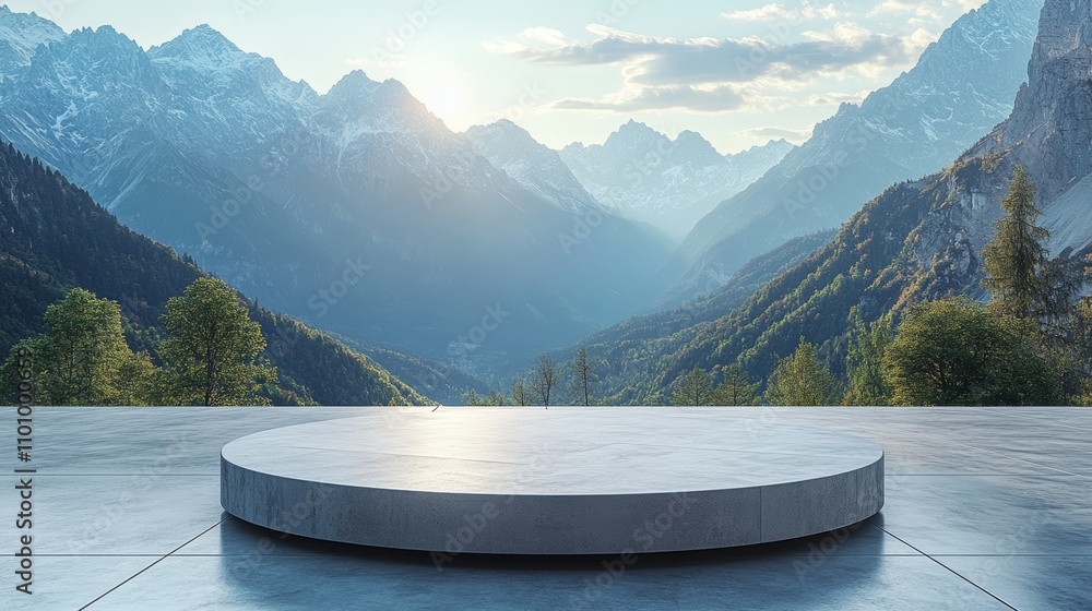 Poster empty round concrete podium with a mountain view in the background.