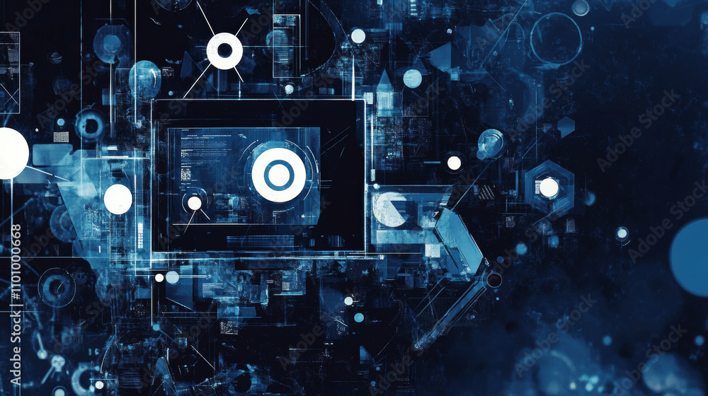 Poster a dark blue image shows a computer screen and robots, made of geometric shapes. it represents modern
