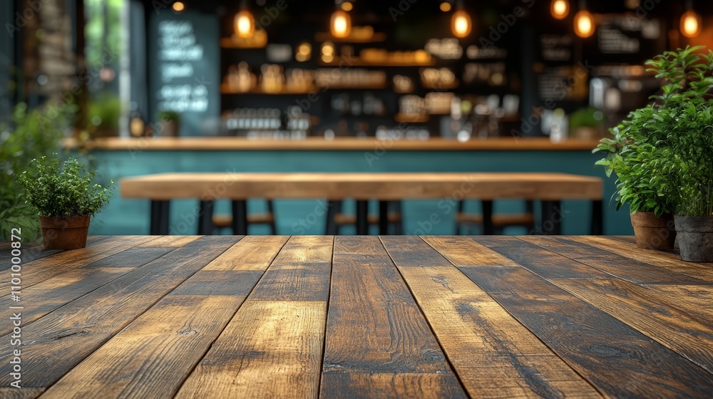 Poster empty rustic wooden table in front of a cafe bar with plants.