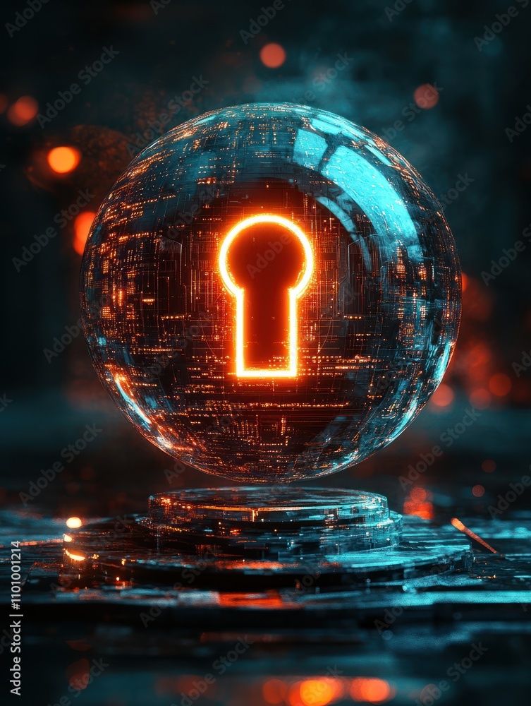 Poster global digital security protection concept with glowing digital shield with keyhole sign in technolo