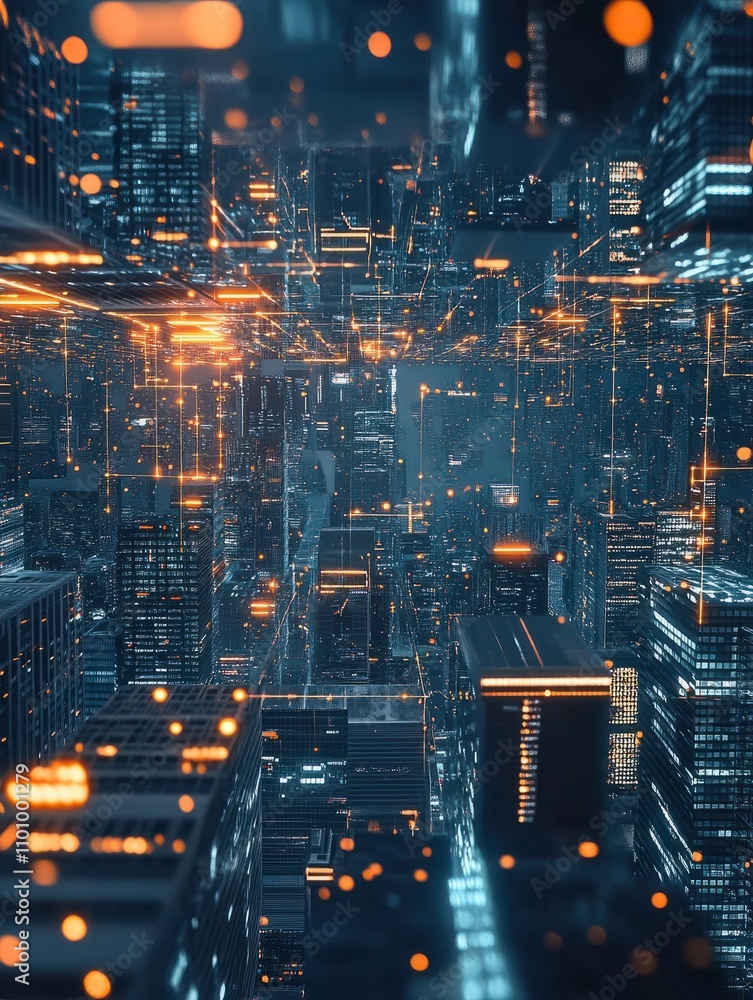 Poster global internet technology concept with abstract glowing lines and abstract upside down cityscape.