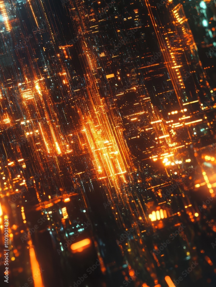 Aufkleber global internet technology concept with abstract glowing lines and abstract upside down cityscape.