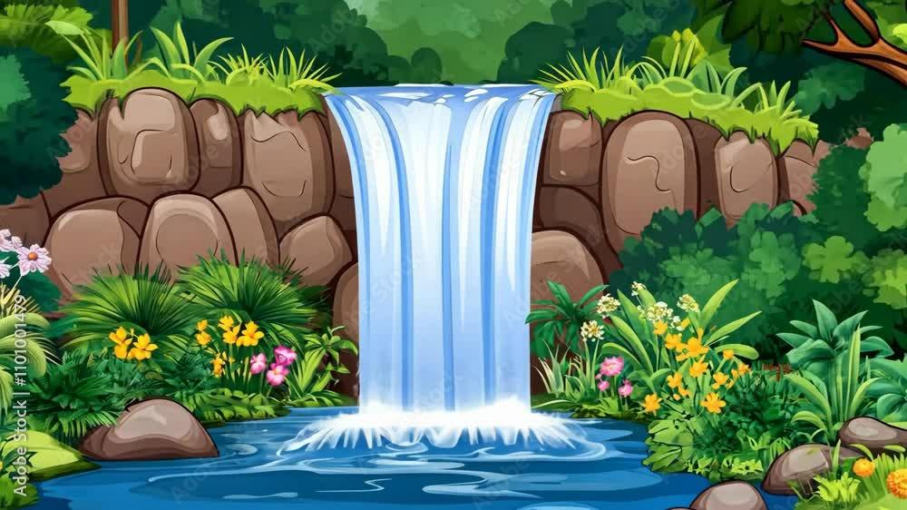 Poster Beautiful waterfall cascading into a serene pool surrounded by vibrant flora in a lush forest setting