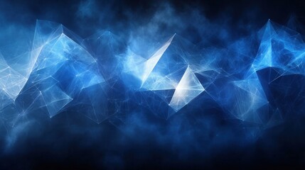 Abstract blue geometric shapes with a misty background, conveying a sense of depth and motion.