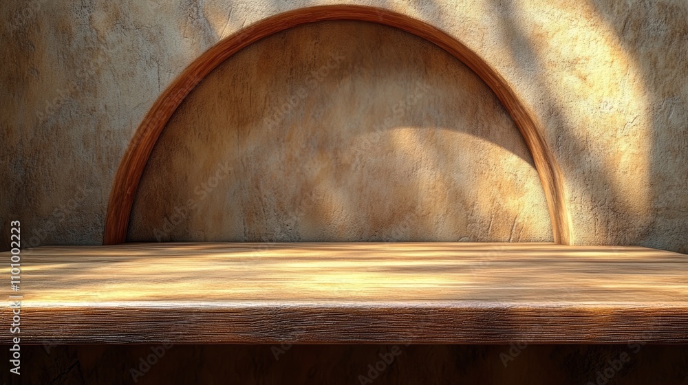 Poster empty wooden shelf against a textured background with archway and soft lighting.