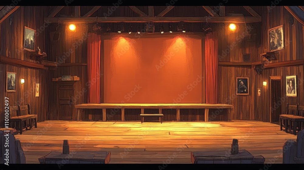 Poster empty wooden stage with red curtains and spotlights in a rustic setting.
