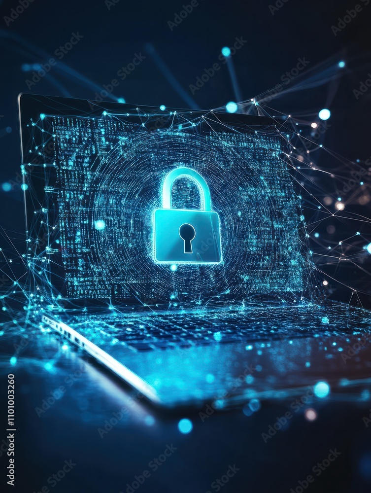 Poster hacker using laptop with abstract padlock network hologram on blue binary code background. safety an