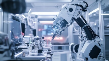 A robot performing complex tasks in a space exploration lab with zero-gravity simulation and advanced scientific equipment, Space tech style, photo of