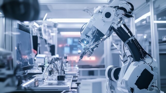 A robot performing complex tasks in a space exploration lab with zero-gravity simulation and advanced scientific equipment, Space tech style, photo of