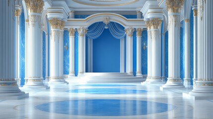 Obraz premium Grand hall interior with blue walls, white columns, and gold accents.
