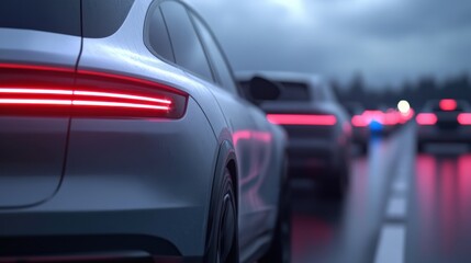 Fototapeta premium Cars in traffic with illuminated taillights on a cloudy day
