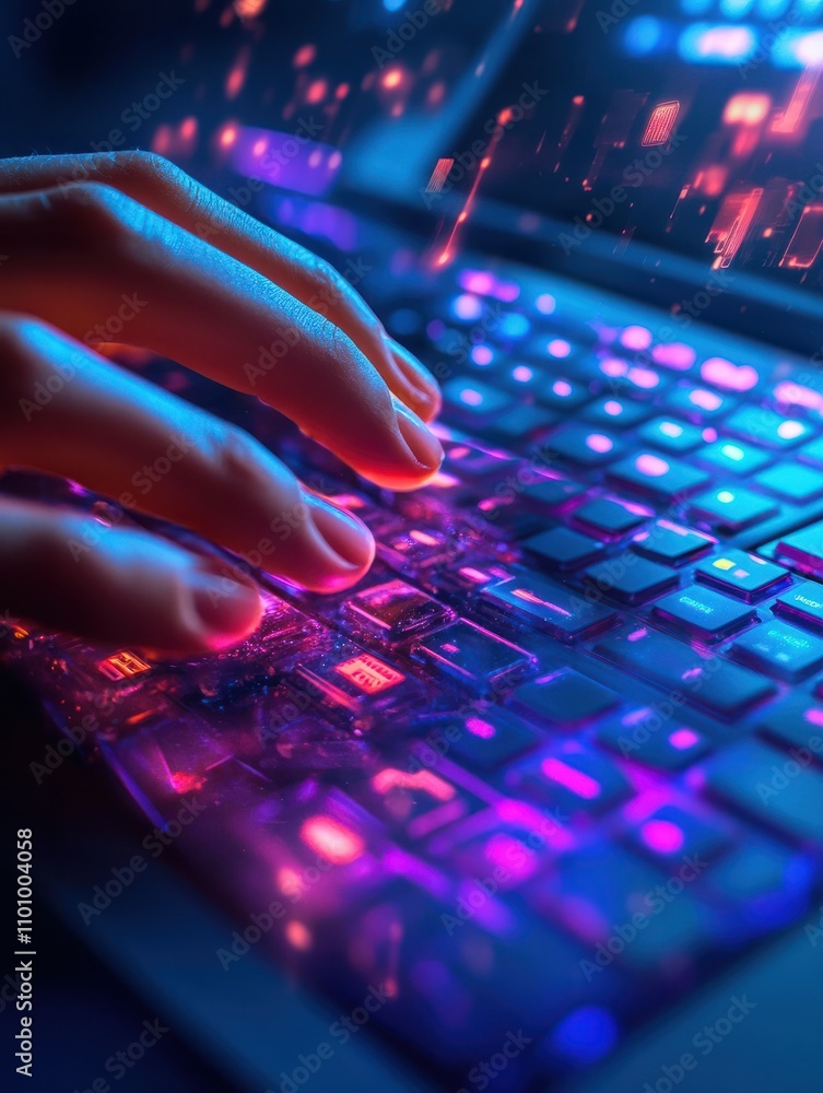Poster hand typing on keyboard with 5g hologram sign. internet and web speed concept. double exposure.
