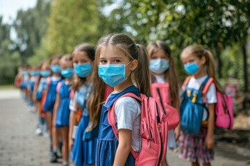 Children Returning to School, Wearing Masks, Showing New Normal During Pandemic