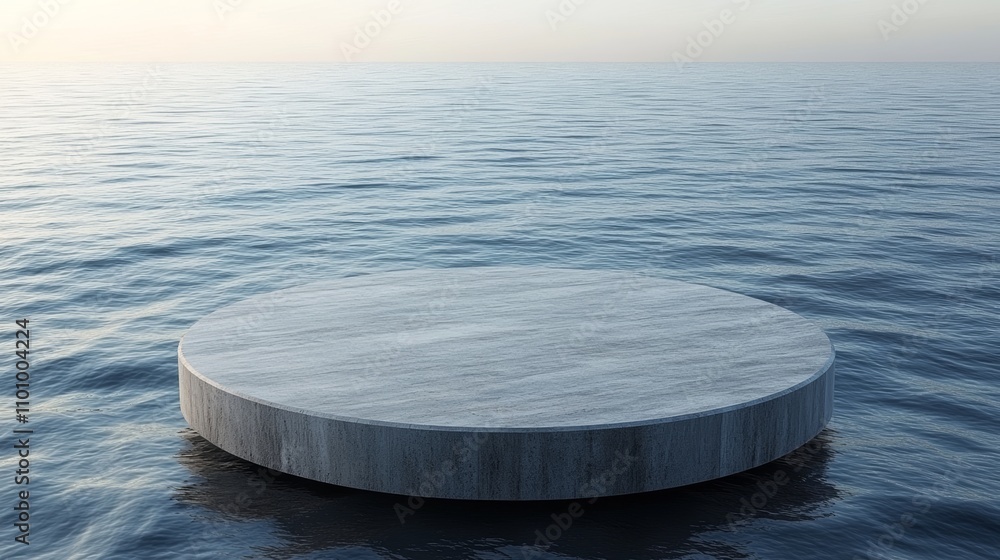 Poster minimalist circular podium floating on a calm ocean with a hazy sunrise background.