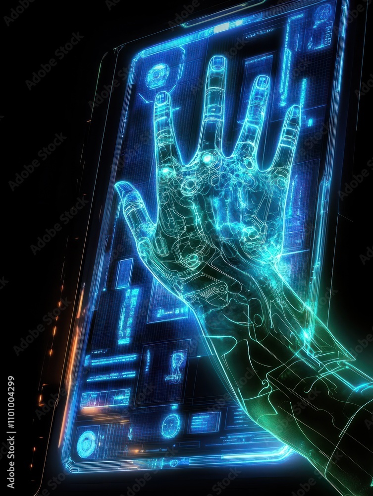 Poster hand using glowing digital communication and security interface on screen. global business and commu