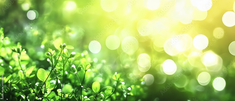 Poster spring abstract background banner with lush green tones and blurred bokeh lights ideal for nature-in