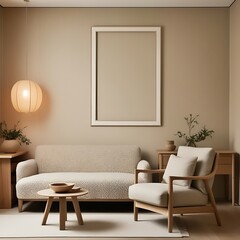 Minimalist, japandi style interior design of modern living room. Boucle sofa and accent armchair against beige wall with frame