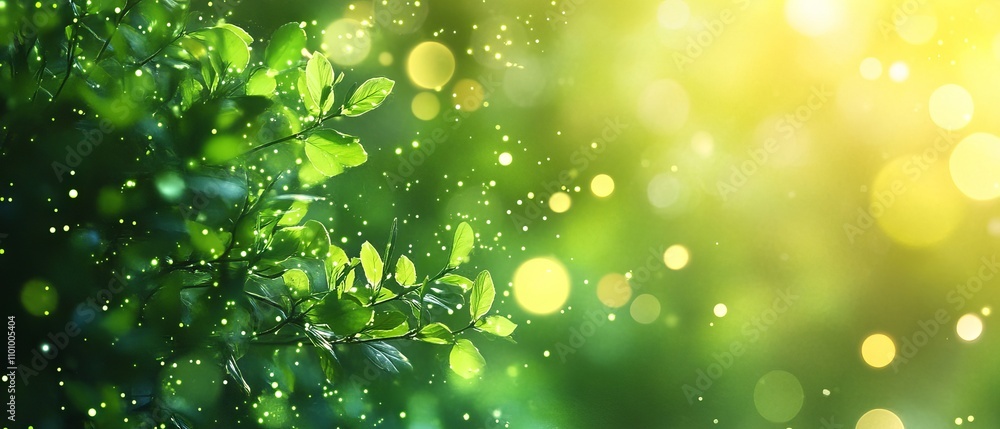 Poster spring abstract background banner with lush green tones and blurred bokeh lights ideal for nature-in