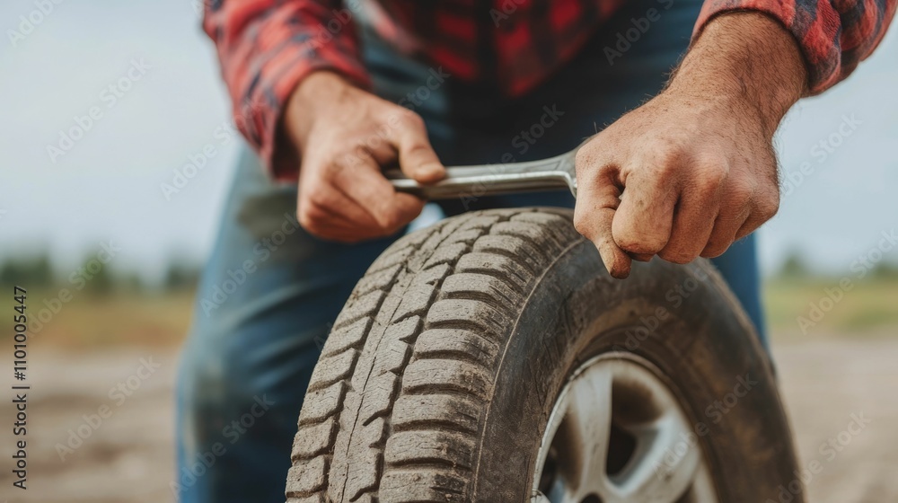 Poster diy car repair enthusiast using a wrench and jack to fix a flat tire in an outdoor setting the image