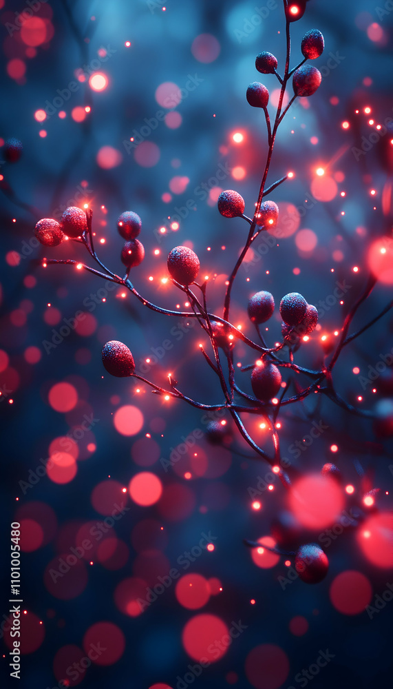 Poster glowing berries on a branch with bokeh background.