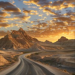 Road in the desert of Egypt at sunset.