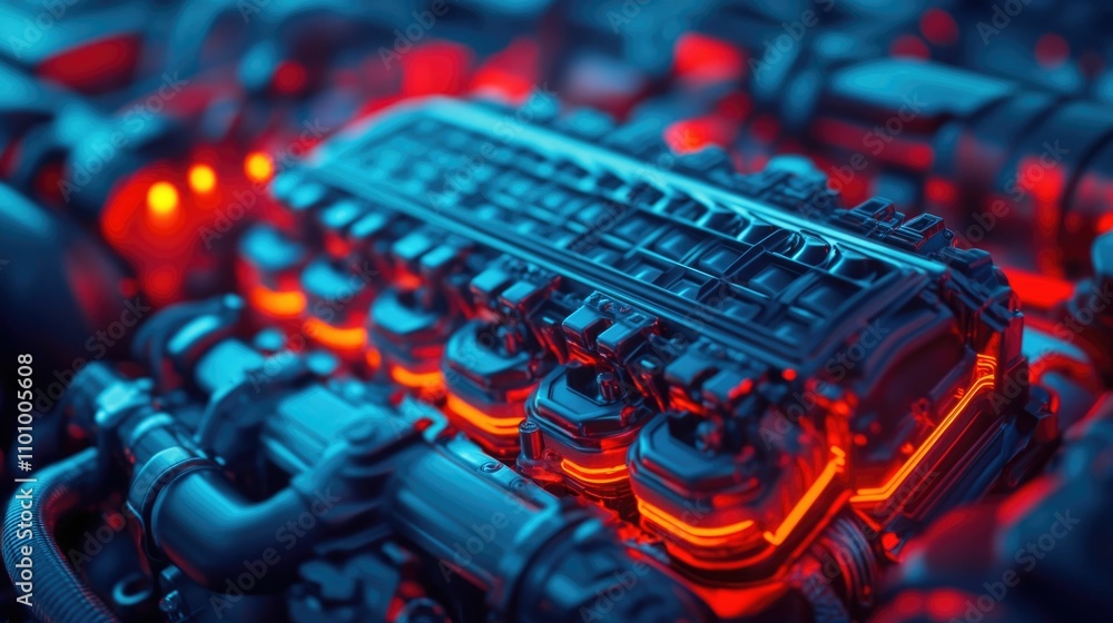 Poster close up of a skilled automotive technician carefully adjusting and tuning a car engine using specia